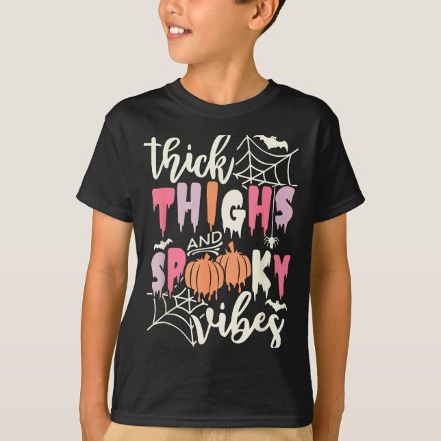 Thick Thighs And Soky Vibes Retro Groovy Halloween T-Shirt (Front)