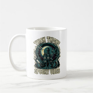 Thick Thighs Spooky Vibes Halloween Haunted House Coffee Mug