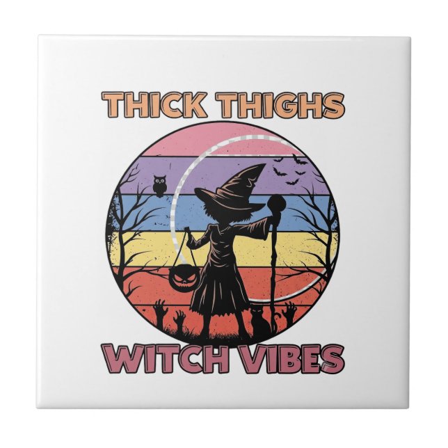 Thick Thighs Witch Vibes Halloween Pumpkin Silhoue Ceramic Tile (Front)