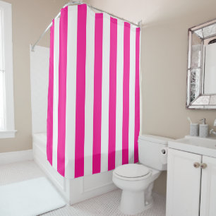 Thick Vertical Stripes Deep Pink And White Striped Shower Curtain