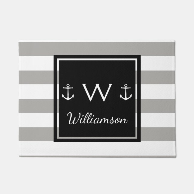 Thick White Nautical Stripes Anchors & Family Name Doormat (Front)