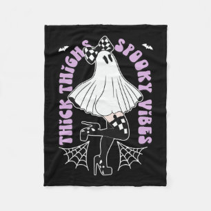 Thighs Spooky Vibes Cute Ghost Halloween Bats Bow Fleece Blanket