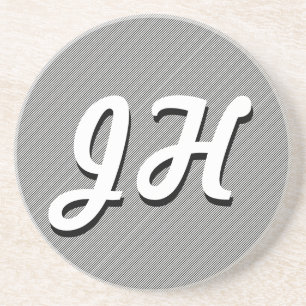 Thin Black & White Stripes   Retro-Styled Initials Coaster