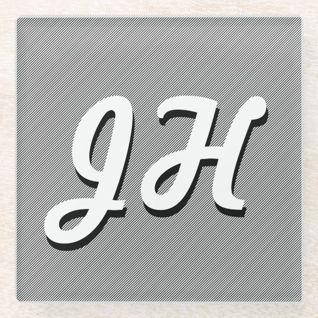 Thin Black & White Stripes | Retro-Styled Initials Glass Coaster (Front)