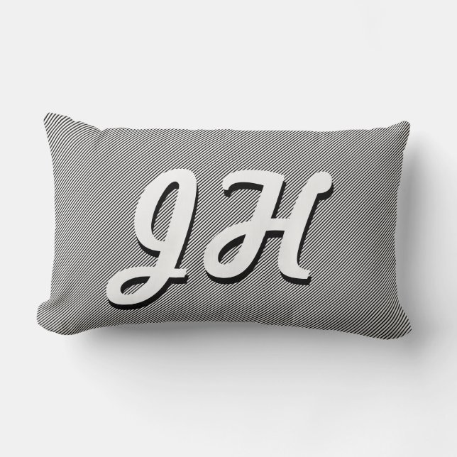 Thin Black & White Stripes | Retro-Styled Initials Lumbar Cushion (Front)