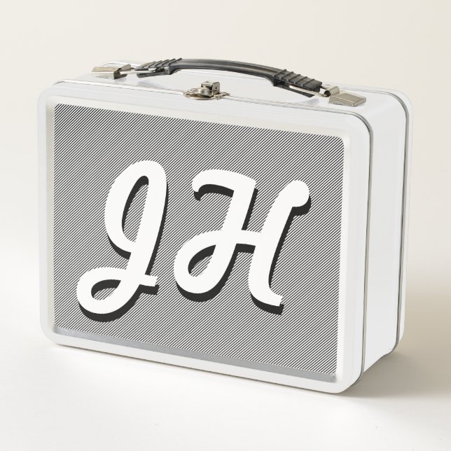 Thin Black & White Stripes | Retro-Styled Initials Metal Lunch Box (Front)