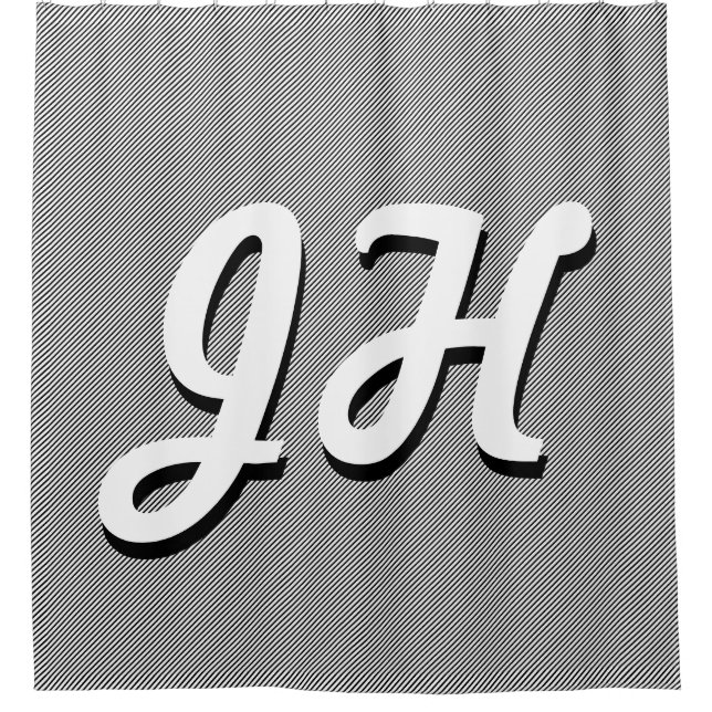 Thin Black & White Stripes | Retro-Styled Initials Shower Curtain (Front)
