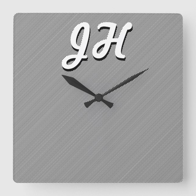 Thin Black & White Stripes | Retro-Styled Initials Square Wall Clock (Front)