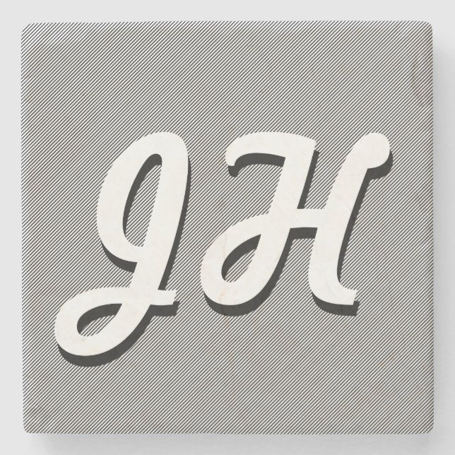 Thin Black & White Stripes | Retro-Styled Initials Stone Coaster (Front)