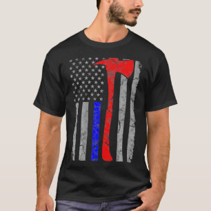Thin Blue and Red Line Flag Police Firefighter Axe T-Shirt