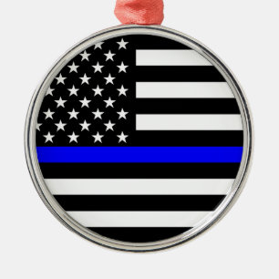Thin Blue Line American Flag Black and White Metal Tree Decoration