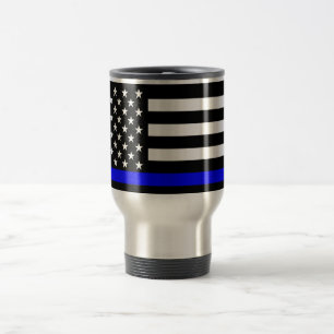 Thin Blue Line American Flag Black and White Travel Mug