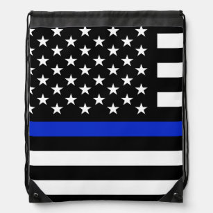 Thin Blue Line American Flag Drawstring Bag