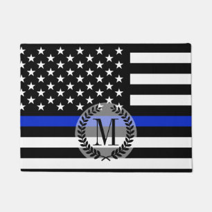 Thin Blue Line American Flag Monogram Doormat