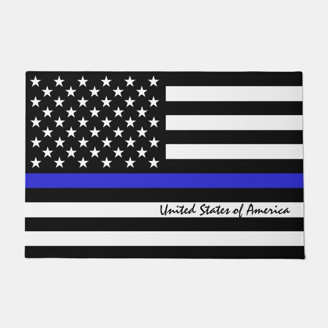 Thin Blue Line & American Flag police / USA office Doormat (Front)