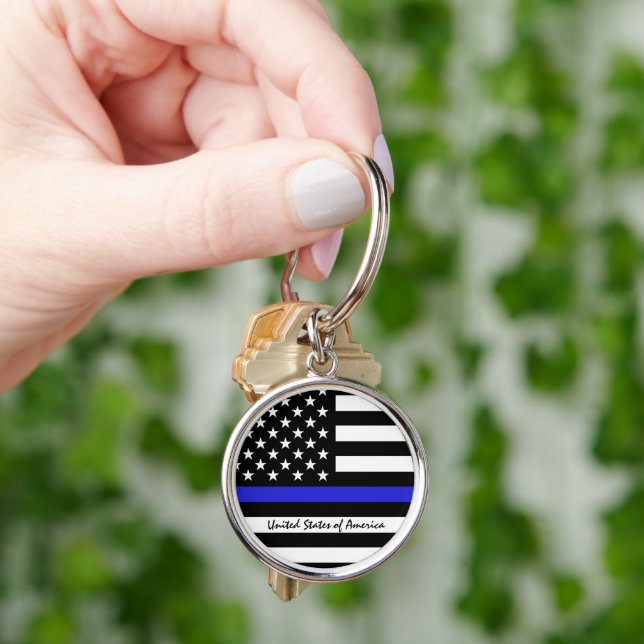 Thin Blue Line & American Flag police / USA office Key Ring (Hand)