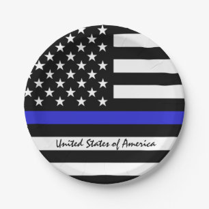 Thin Blue Line & American Flag police / USA office Paper Plate
