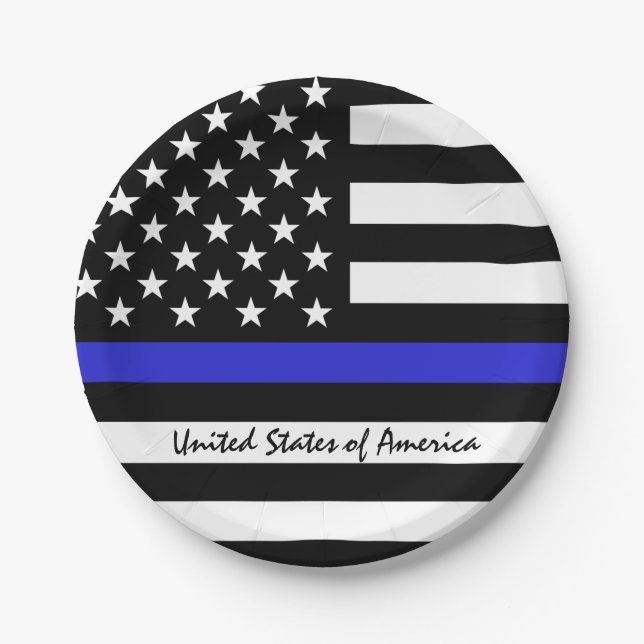 Thin Blue Line & American Flag police / USA office Paper Plate (Front)