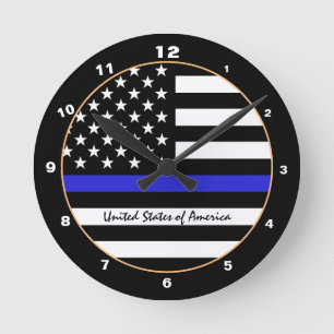 Thin Blue Line & American Flag police / USA office Round Clock