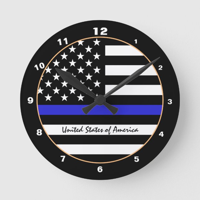 Thin Blue Line & American Flag police / USA office Round Clock (Front)