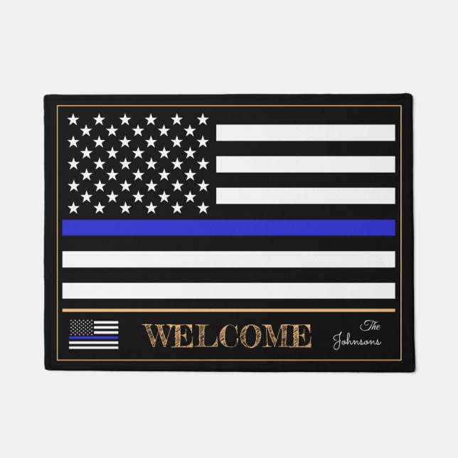Thin Blue Line & American Flag police Welcome /USA Doormat (Front)
