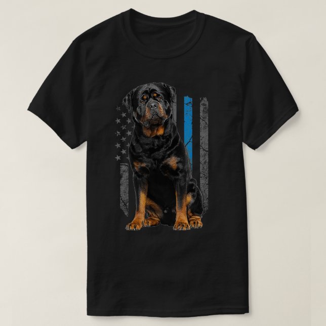 Thin Blue Line American Flag Rottweiler Police Dog T-Shirt (Design Front)