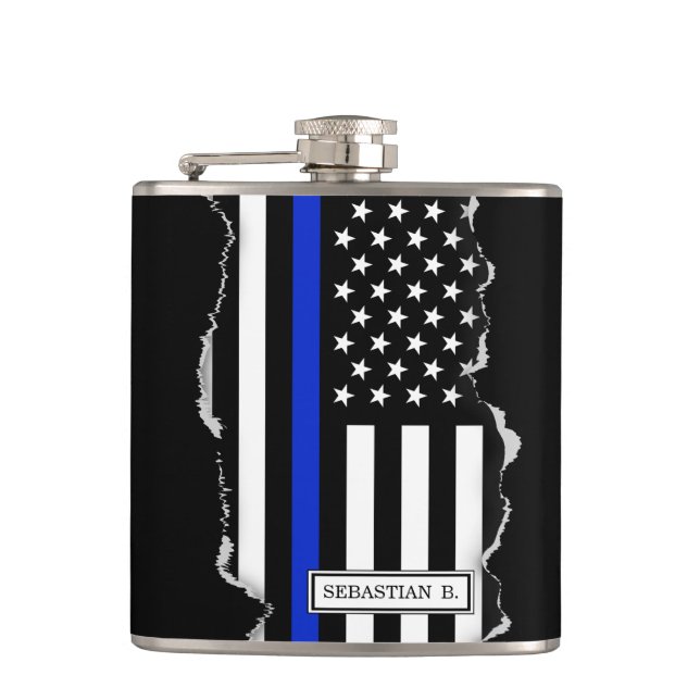 Thin Blue Line American Flag Torn Out Look Hip Flask (Front)