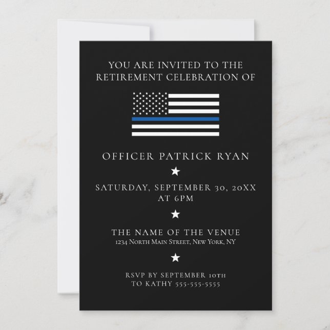 Thin Blue Line Black Police Flag Retirement Party Invitation (Front)