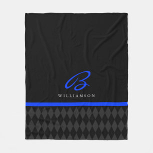 Thin Blue Line Custom Monogram Black Argyle Fleece Blanket