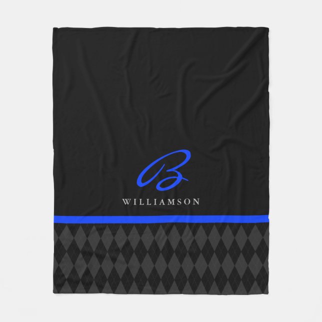 Thin Blue Line Custom Monogram Black Argyle Fleece Blanket (Front)