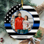 Thin Blue Line Custom Photo Police Christmas Ceramic Ornament<br><div class="desc">Thin Blue Line Christmas Ornament. This police christmas ornament will be a treasured keepsake. Ornament is double sided, you can do 2 favourite photos, one on each side. Perfect for police officers, police family and law enforcement. Personalise name on the front, and date on the back. COPYRIGHT © 2020 Judy...</div>