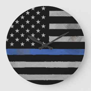 Thin Blue Line - Distressed Tattered Flag Large Clock