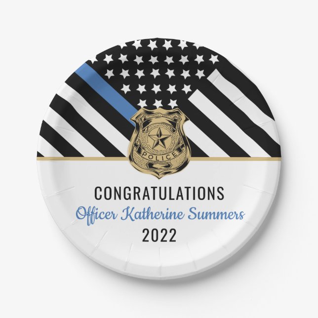 Thin Blue Line Flag Congrats Police Graduation Paper Plate (Front)