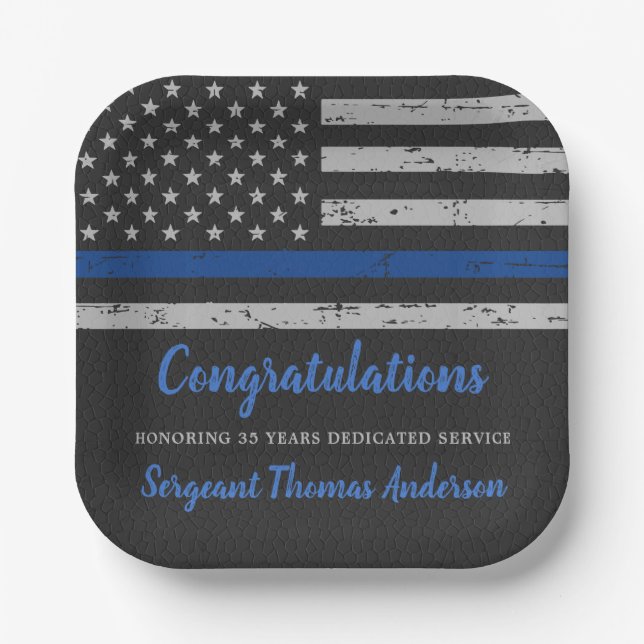 Thin Blue Line Flag Police Officer Retirement Paper Plate (Front)