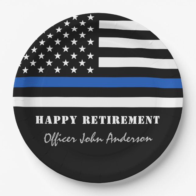 Thin Blue Line Flag Police Retirement Party Paper Plate (Front)