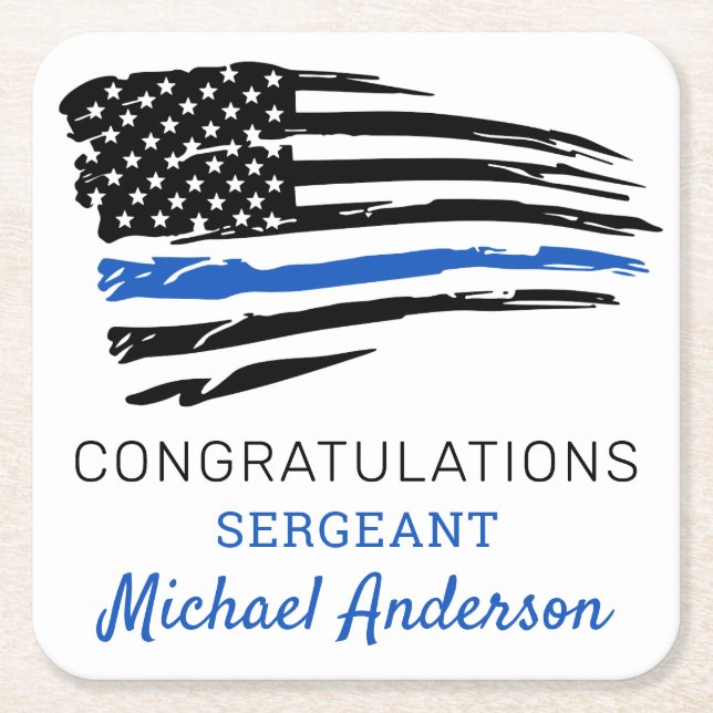 Thin Blue Line Flag Police Retirement Party Square Paper Coaster (Front)