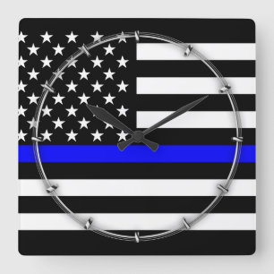 Thin Blue Line Graphic on a US American Flag Square Wall Clock