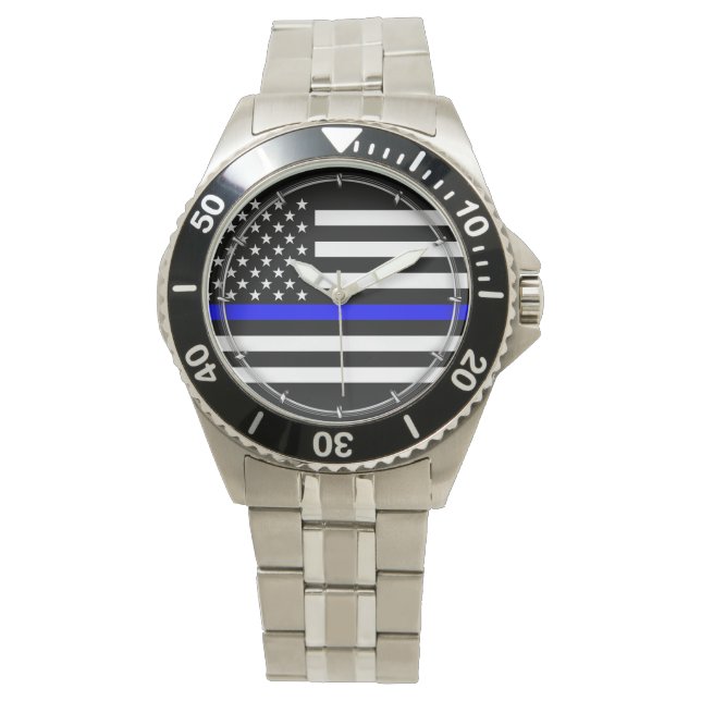 Thin Blue Line Graphic on a US American Flag Watch (Front)