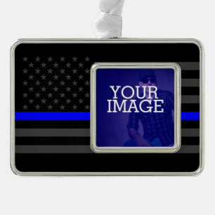 Thin Blue Line Grey US Flag Your Image on a Silver Plated Framed Ornament