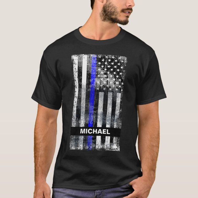 Thin Blue Line Grunge Flag Name T-Shirt (Front)