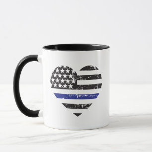 Thin Blue Line Heart USA Flag Police Support Mug