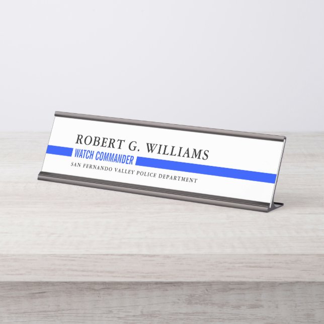 Thin Blue Line Minimal Personalised Police White Desk Name Plate (Front)