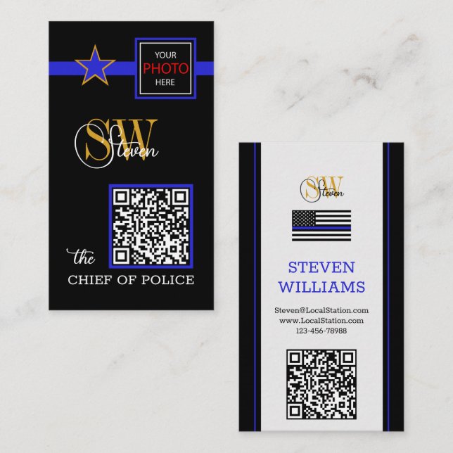Thin Blue Line & Modern QR Code, Photo / Monogram Business Card (Front/Back)