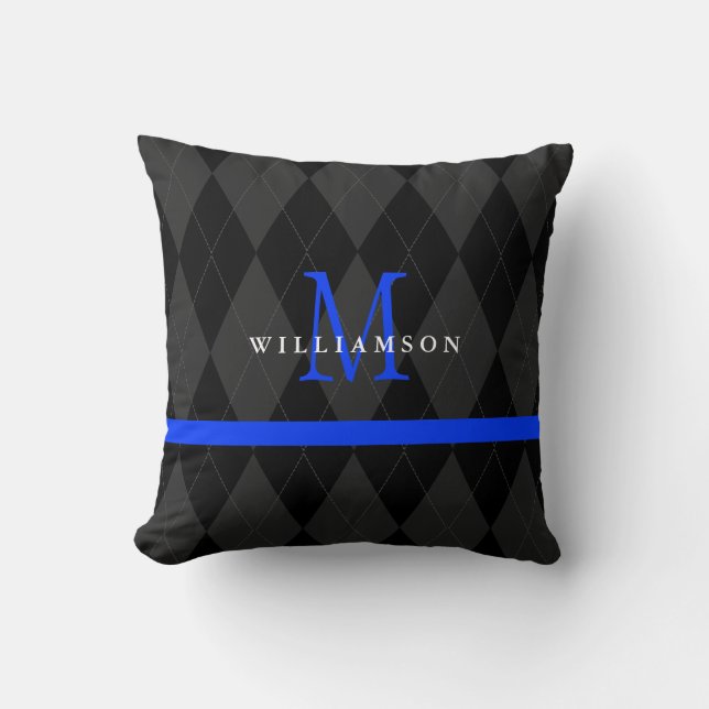 Thin Blue Line Monogram Black Argyle Pattern Cushion (Front)