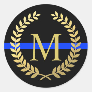 Thin Blue Line Monogram Faux Gold Wreath Police Classic Round Sticker