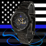Thin Blue Line - Monogrammed Name & Signature Watch<br><div class="desc">Watch: Thin Blue Line USA enforcement / police themed personal watch with modern "Monogrammed" Name. Customise for yourself,  your colleague,  friends & family. Just perfect for ascension / promotion,  long service award,  retirement.</div>