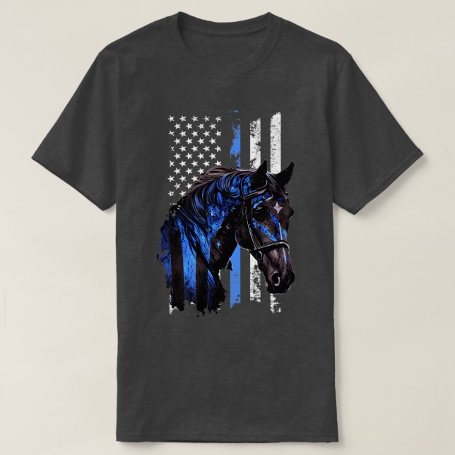 Thin Blue Line Mounted Patrol Patriotic Police  T-Shirt (Design Front)
