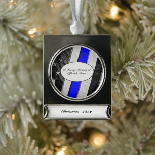 Thin Blue Line of Duty Fallen Officer Memorial Silver Plated Banner Ornament