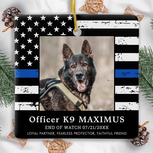 Thin Blue Line Officer K9 Police Dog Memorial Ceramic Ornament (Creator Uploaded)