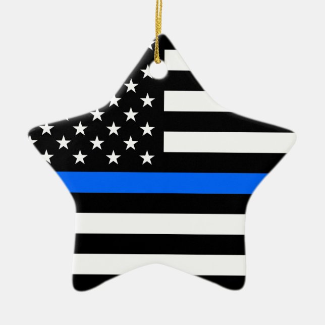 "THIN BLUE LINE ON AMERICAN FLAG" CERAMIC ORNAMENT (Front)